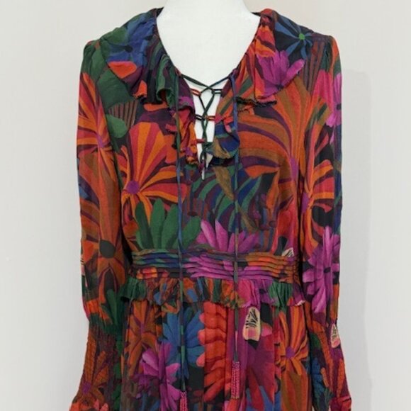 Farm Rio Bird Flowers Maxi Dress Floral Ruffles Long Sleeve Multicolor XL NWT - Picture 3 of 8